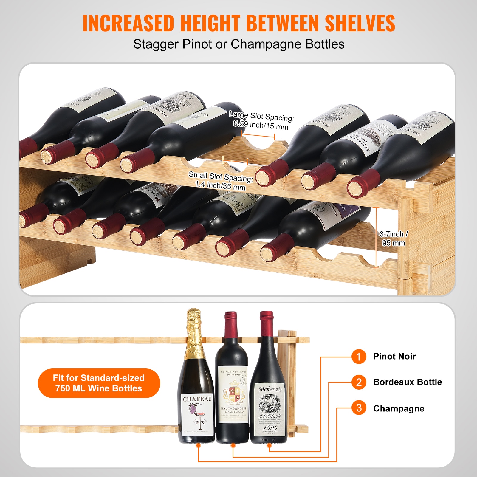 18 Bottle Stackable Modular Wine Rack Bamboo Wood Display Shelf 2-Tier_voghion.com
